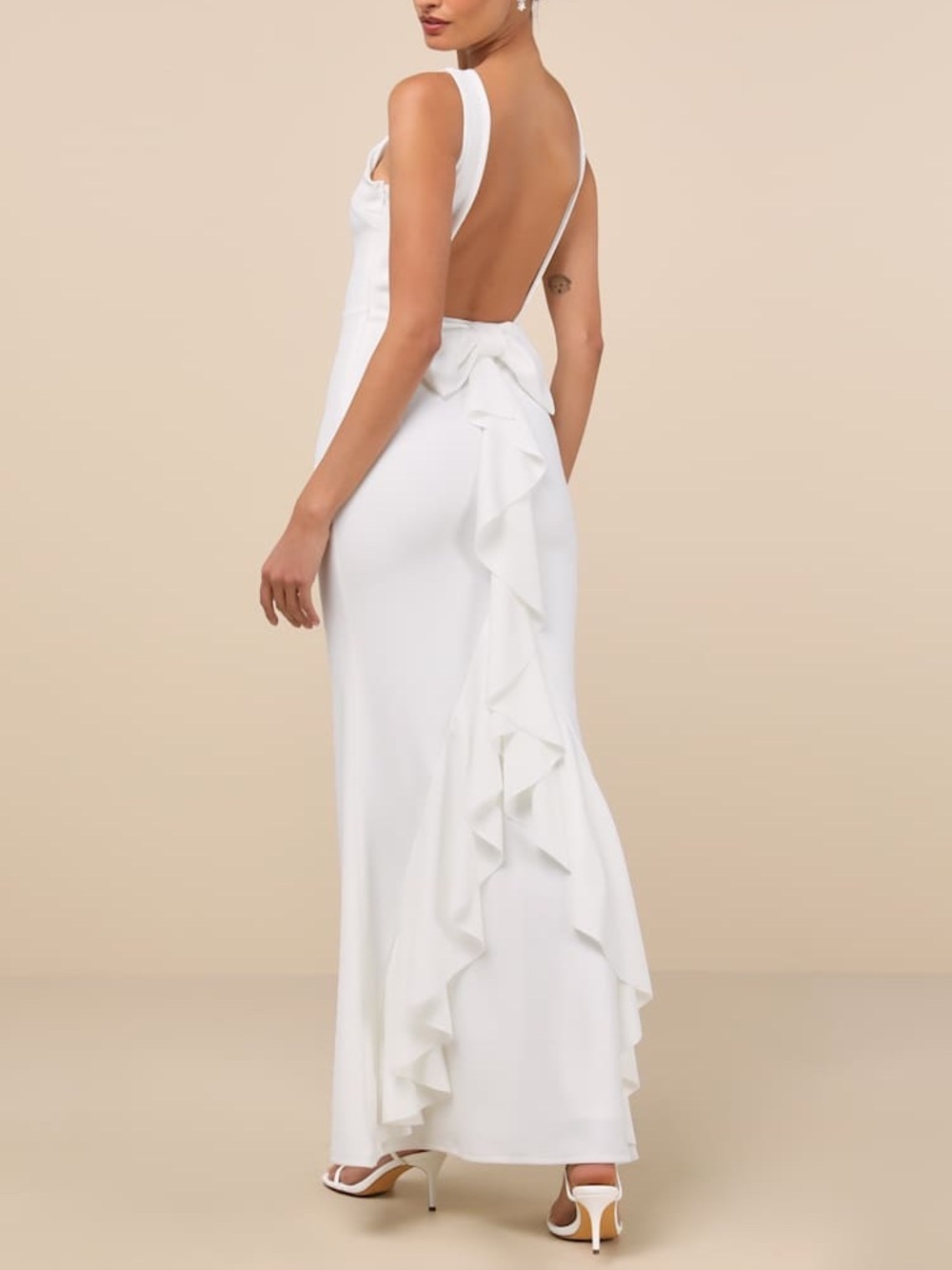 NWOT Lulus Exquisite Refinement Ivory Backless Bow Ruffled Maxi Dress